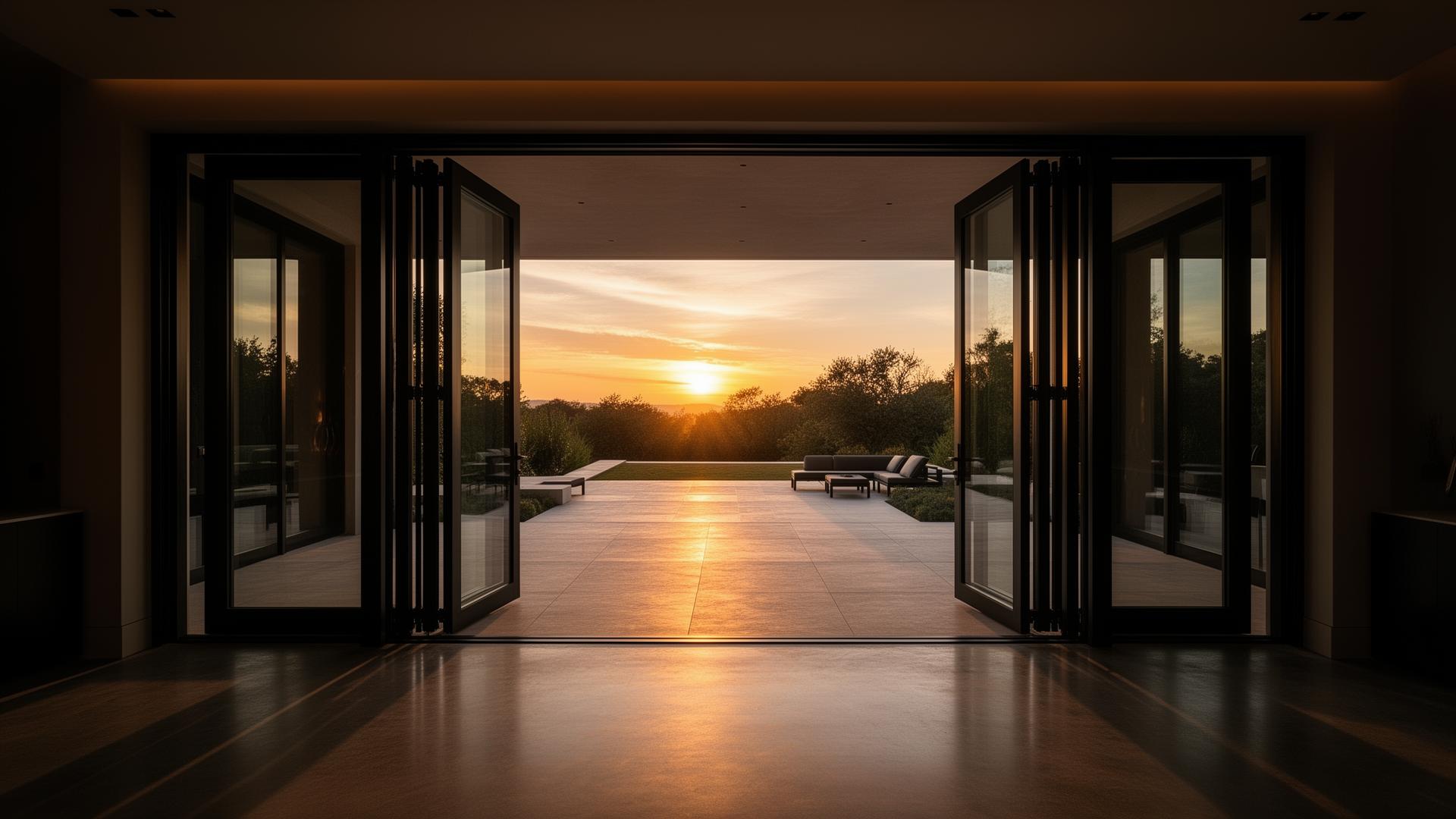 Luxury home with fully opened aluminum bifold doors at sunset